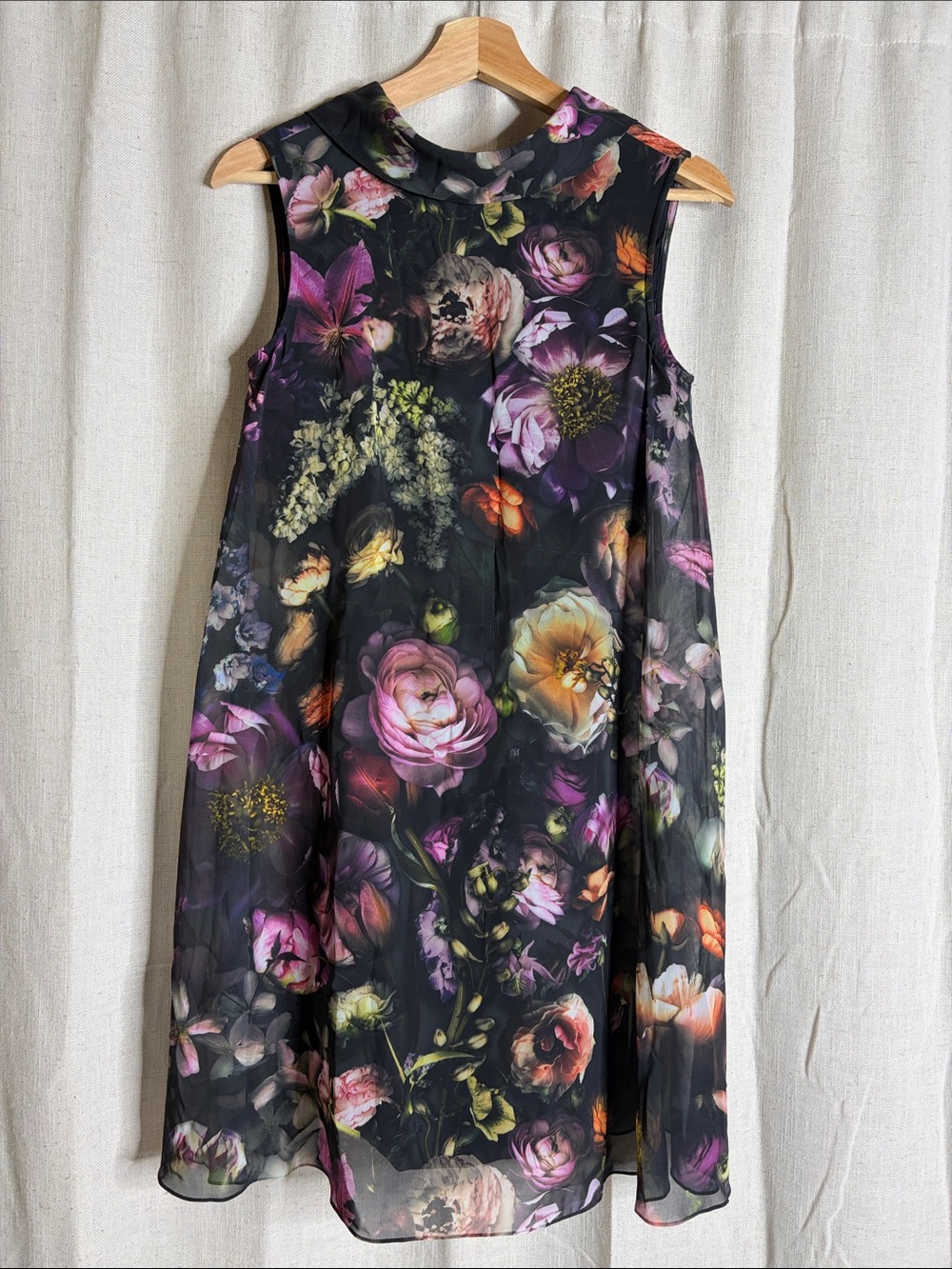 Ted Baker Black Floral Midi Dress with Pink, Purple and Orange Blooms
